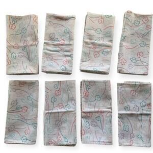 Lot of 8 Vintage 80's Fabric Napkins White Pink Blue Floral Doodle Tulip Print